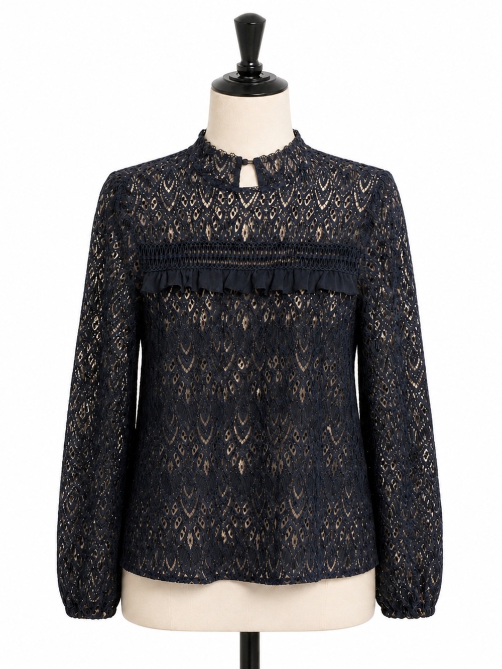 Blue Rain Navy Lace Ruffle Yoke Blouse
